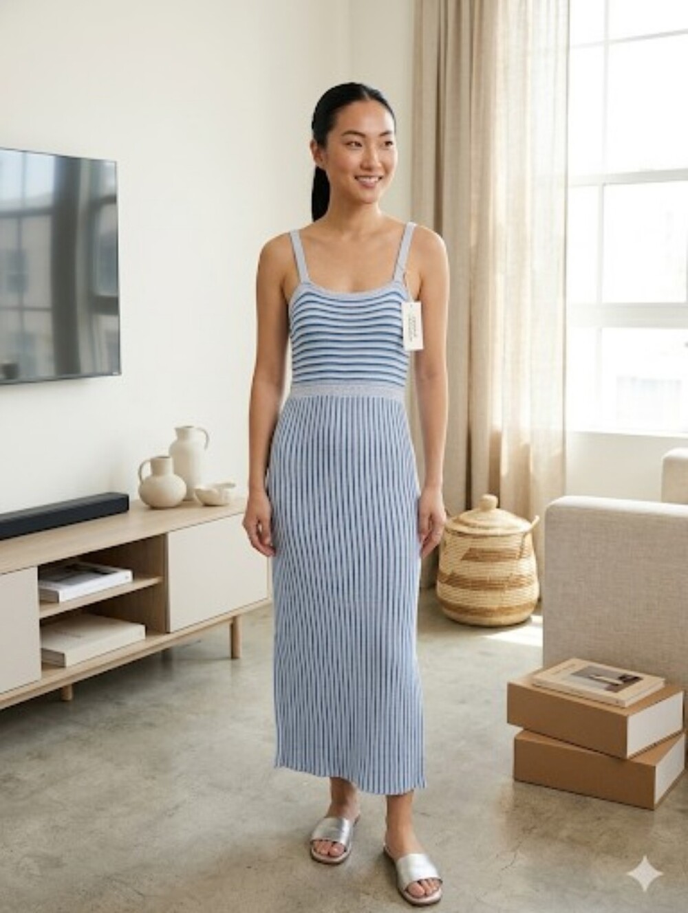 Knitted Striped Blue and White Maxi Dress